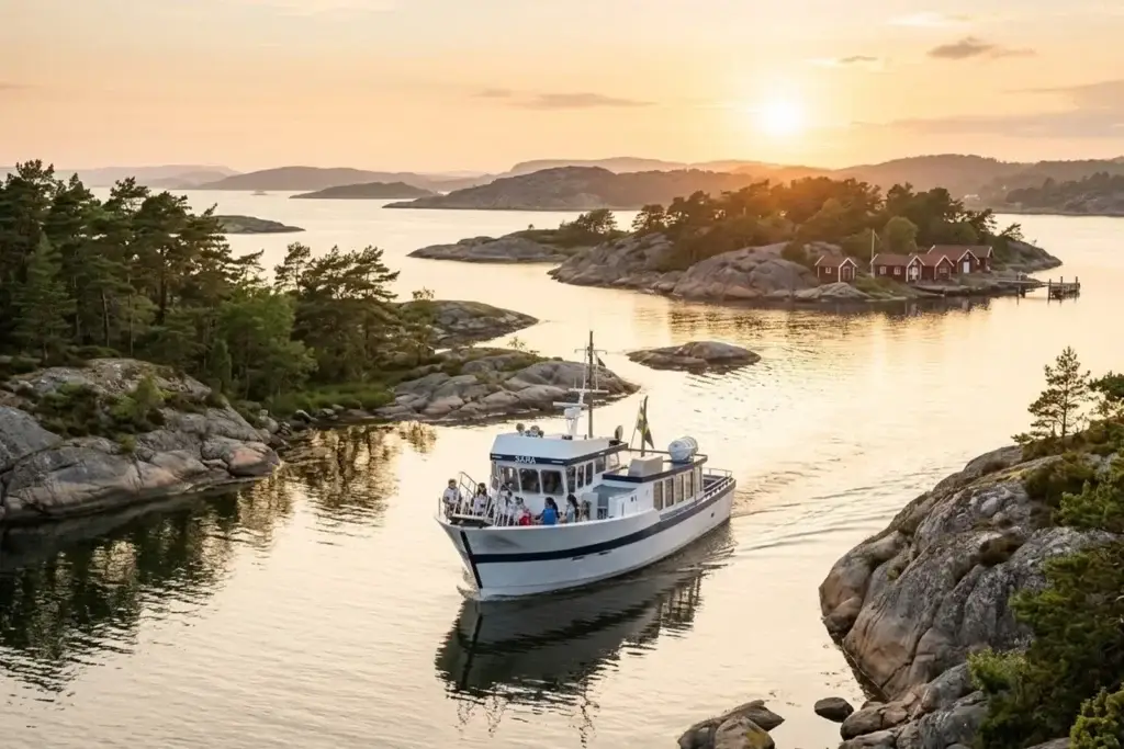Båtturen med M/S i Kosterhavets skärgård mellan kobbar och skär i solnedgången.