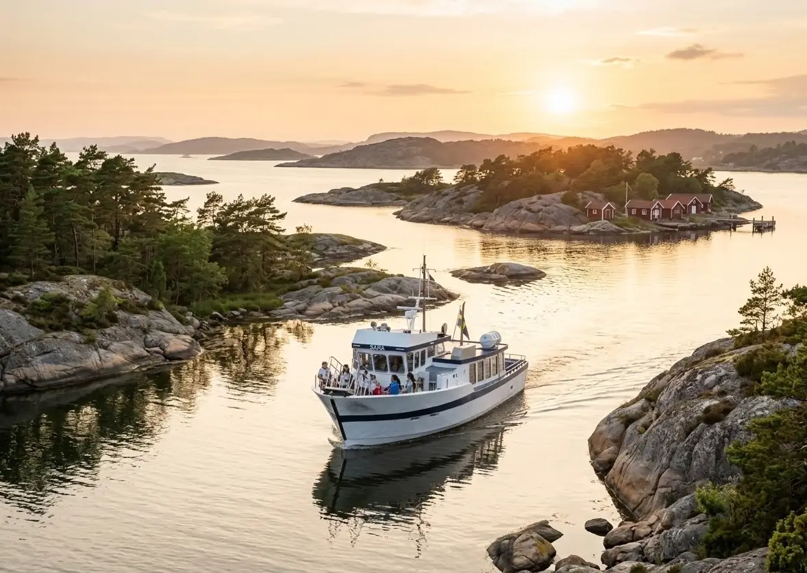 Båtturen med M/S i Kosterhavets skärgård mellan kobbar och skär i solnedgången.